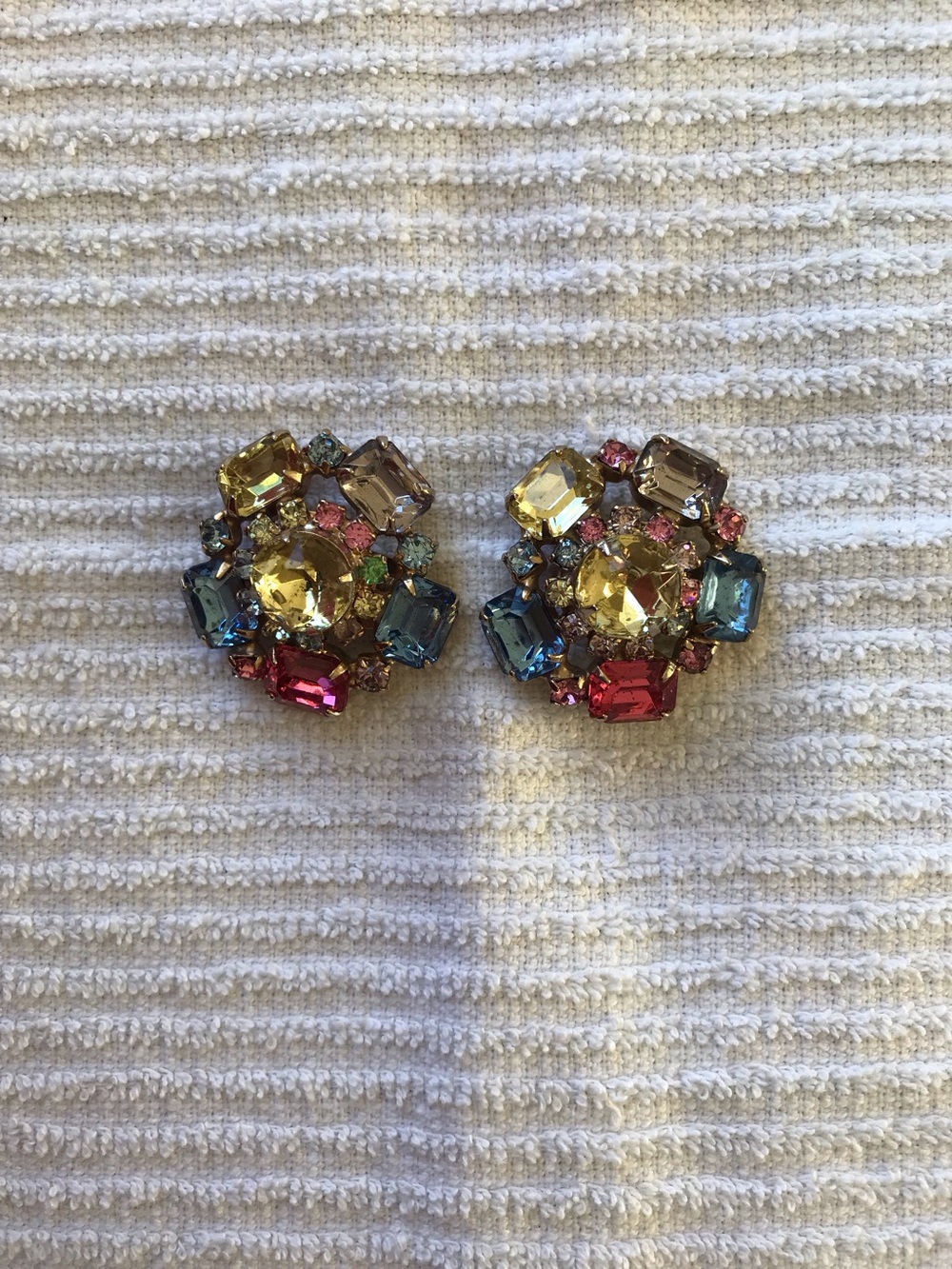 Vintage Multicolor Crystal Cluster Clip-On Earrings